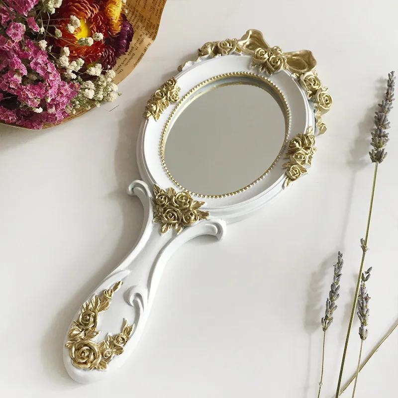Handheld Rose Mirror Vintage – Portable Oval Makeup Mirror with Embossed Floral Design, Travel Cosmetic Mirror for Women Girls