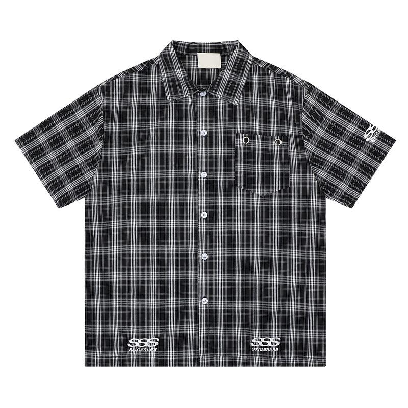 American retro plaid short-sleeved shirt men s 2026 summer trendy brand lazy design sense casual loose half-sleeved shirt M чёрный
