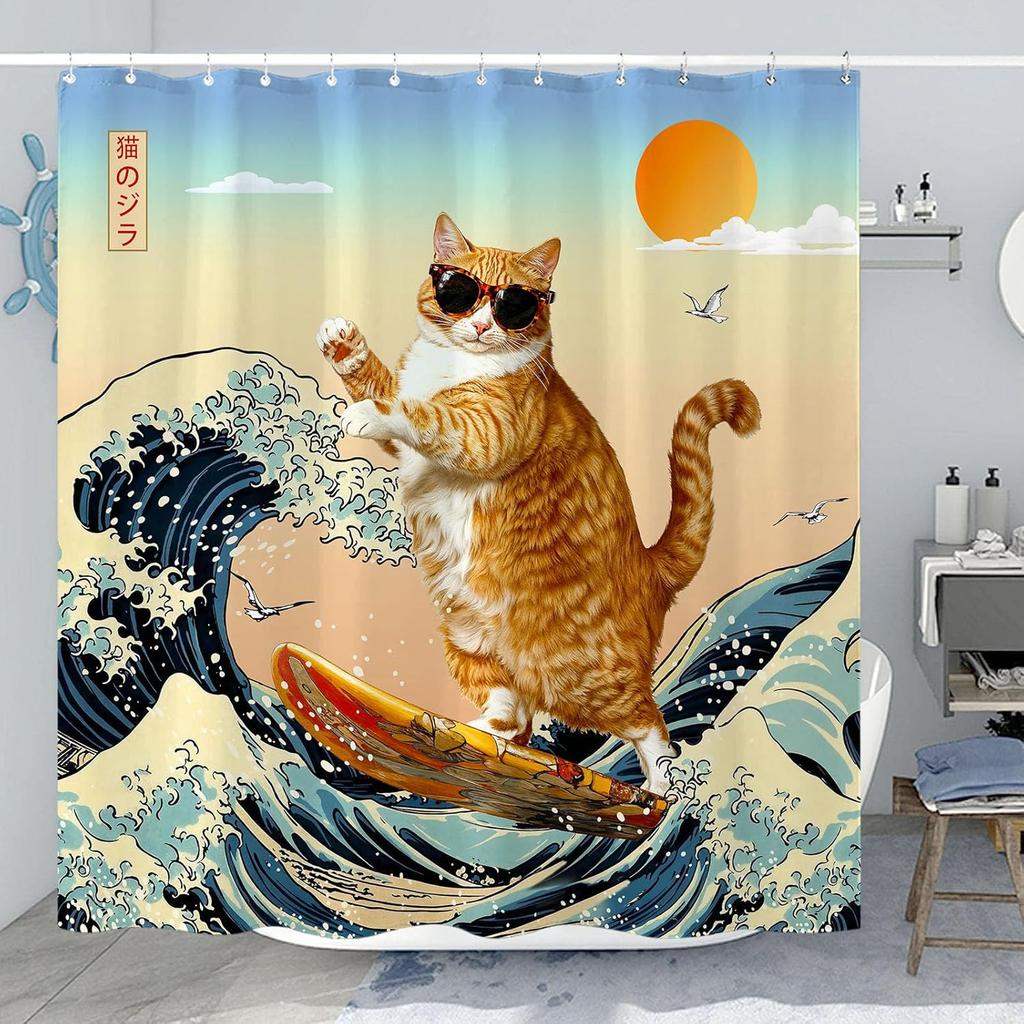Funny Cat Shower Curtain Set Great Wave Art Style Relaxing Feline Waterproof Bathroom Shower Curtain Japanese Scene Home