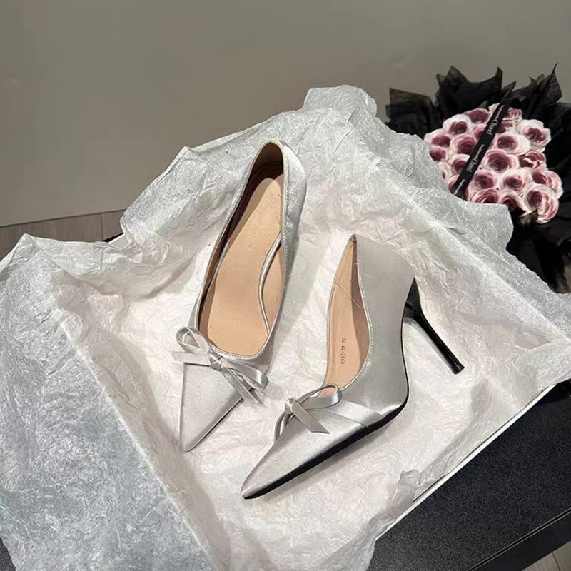 Bow high heels women's 2025 spring new pointed satin temperament party light mouth black stiletto shoes