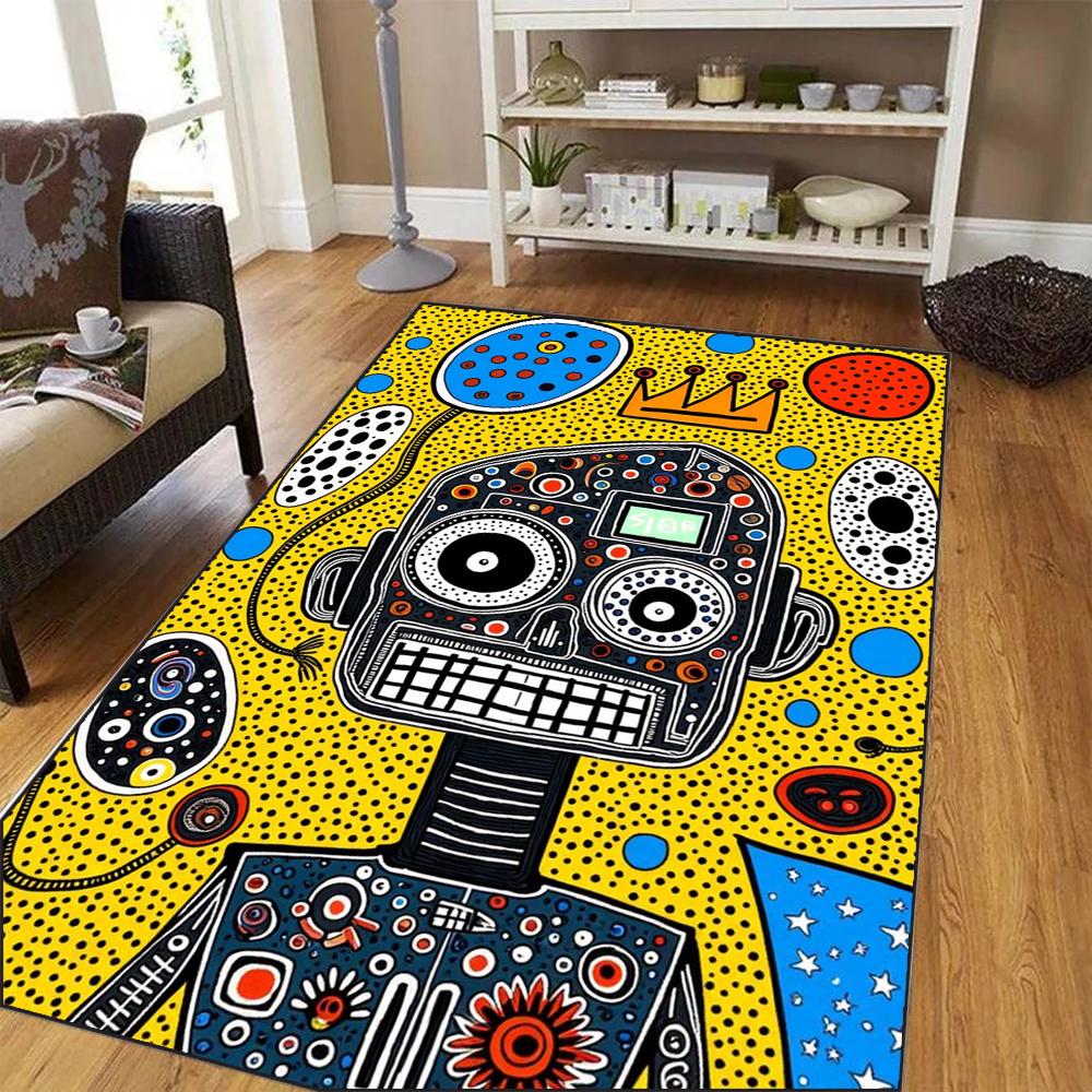 Cartoon Robot Pattern Area Rug Colorful Abstract Design Floor Mat Non-Slip Carpet for Living Room Kids Room Home Decoration