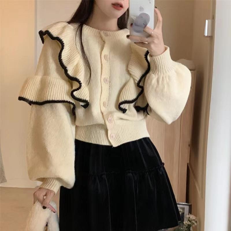 Color-Block Ruffled Knitwear with Design Sense: Early Autumn Women's Elegant Office Loose Sweater Top