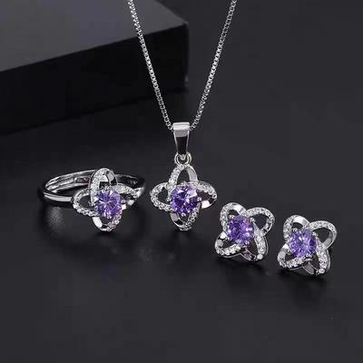 Elegant Simulated White & Purple-Blue Diamond Jewelry Set: Earrings, Ring, Pendant Necklace
