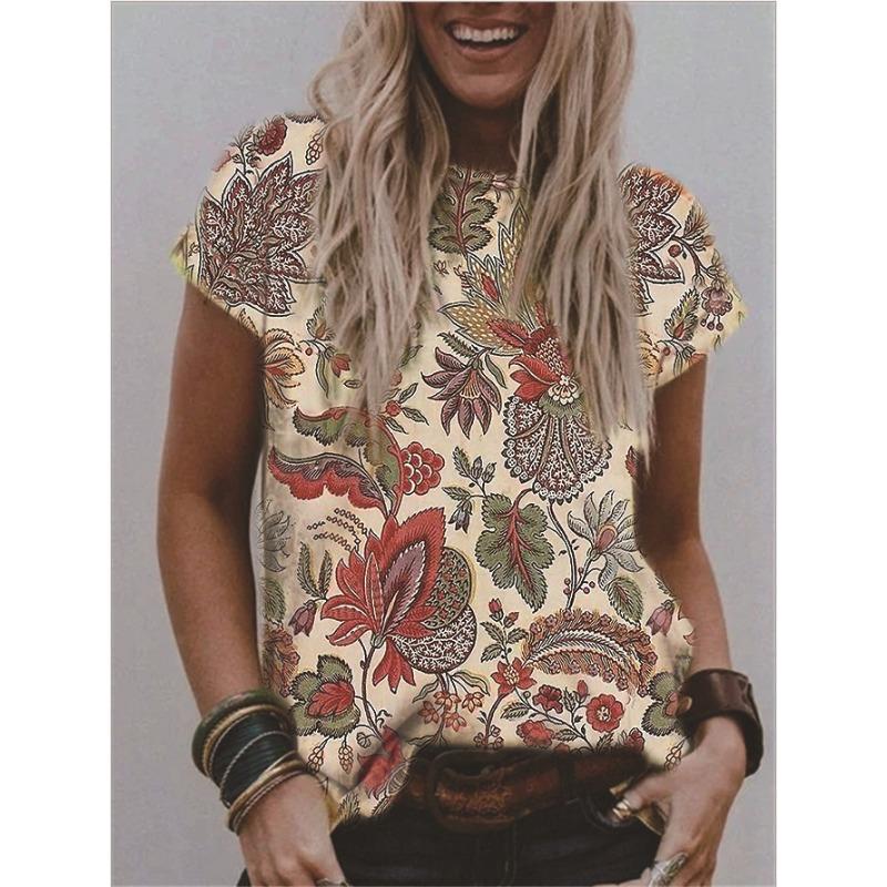 Summer Round Neck 3D Flower Print Top Fashionable Casual Short Sleeved Women's T-shirts