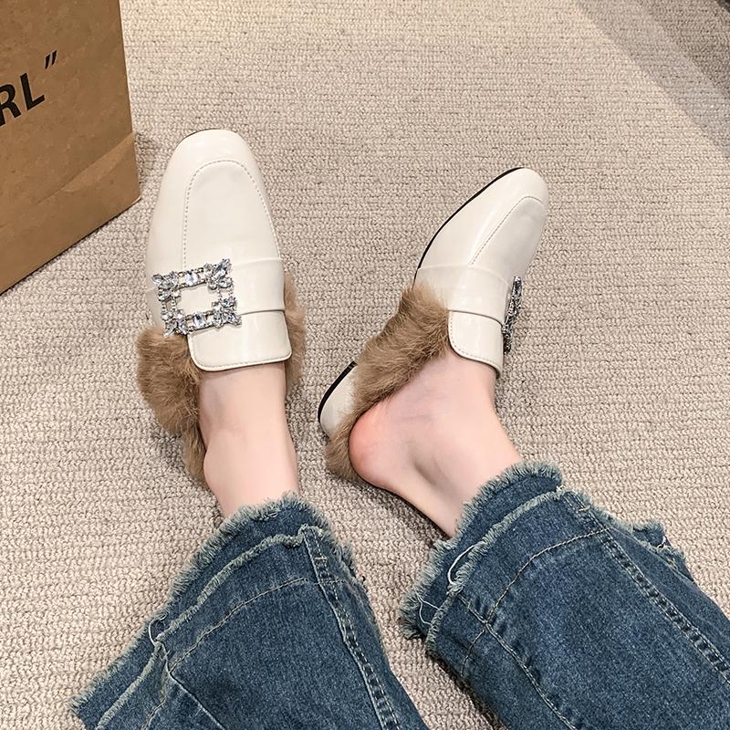 Fashion Aphixta Crystal Square Buckle Warm Winter Slipper Real Fur Women Mule Furry Shoes Square Toe 4.5cm Med Heel Black Modern Slides