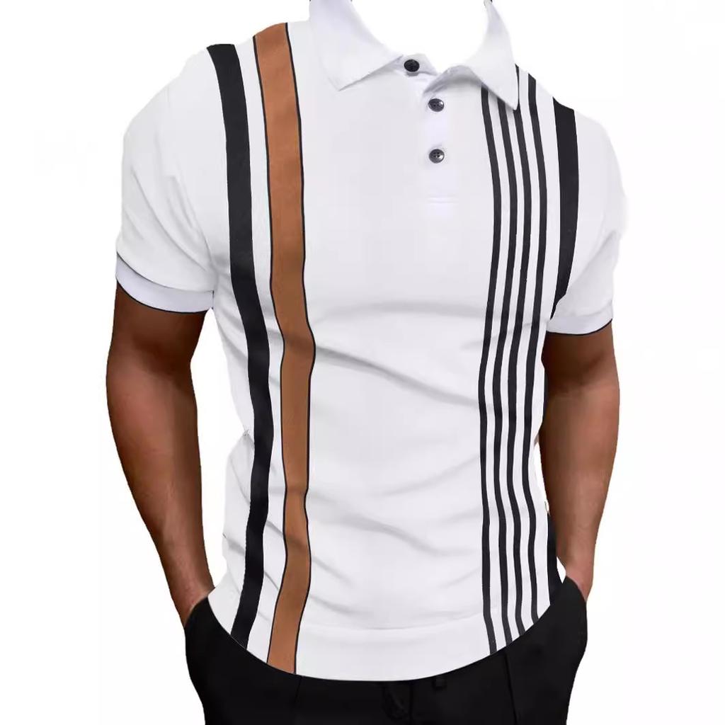 Fashion Men's Short Sleeve Striped Printed Button Polo Shirt T-Shirt Tops for Men