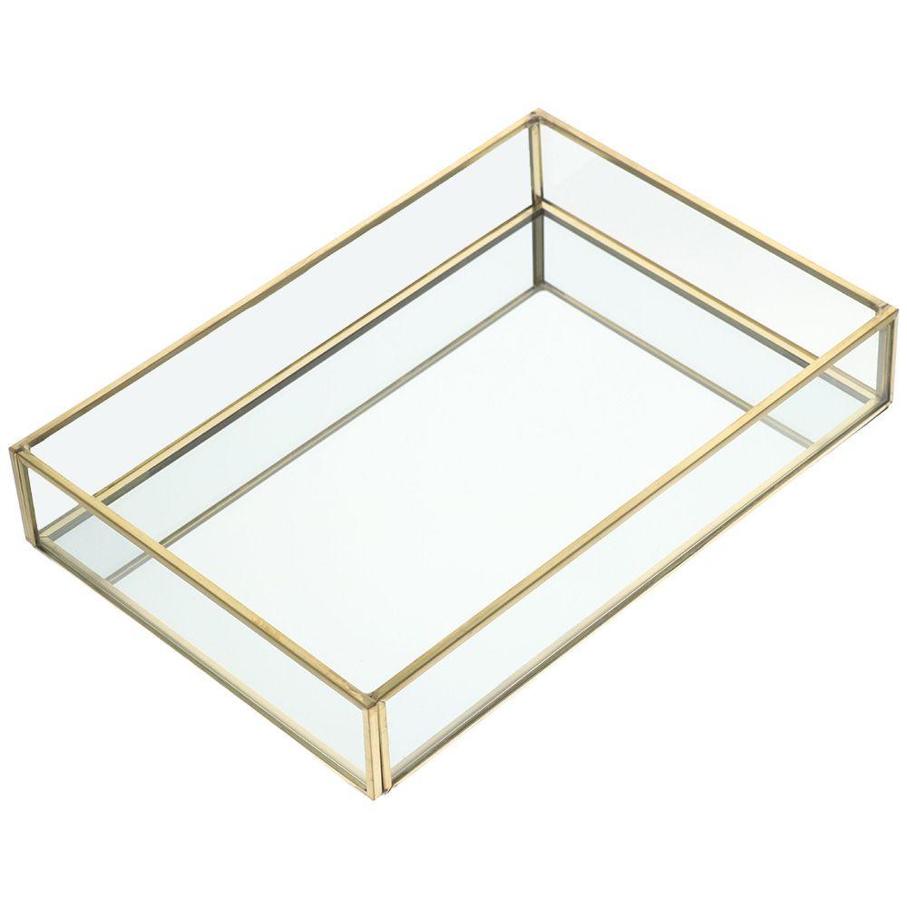 Vasso Decorativo in Vetro Funzionale Oro 7,87*5,5*1,38 Pollici Vassoia in Vetro con Bordo Dorato Vassoio Vintage per Gioielli Bagno