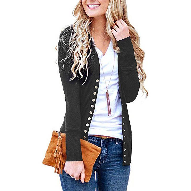 Premium Women V Neck Cardigan Coat Slim Fit Button Plain Cotton Blend Jacket Outwear Top