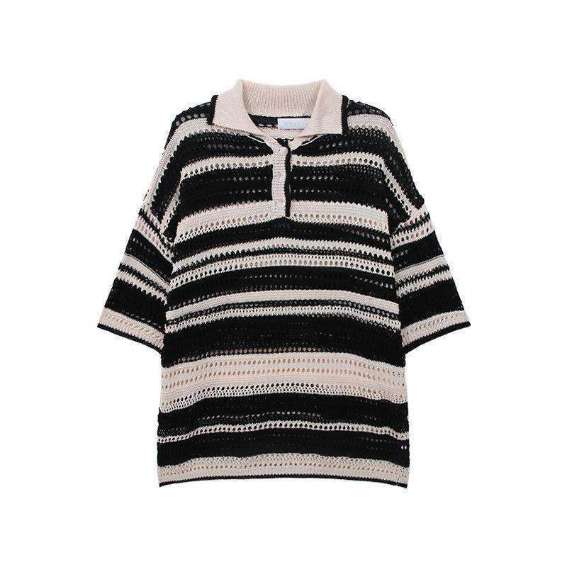 

Винтажный полосатый вязаный свитер с отворотом - повседневный свободный топ на весну/лето Extra Large