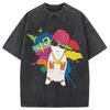 Men's Vintage Washed Hip Hop Cat T-Shirt Retro Short Sleeve O-neck Dropped Shoulder Oversized Tee Wear Holiday Tops