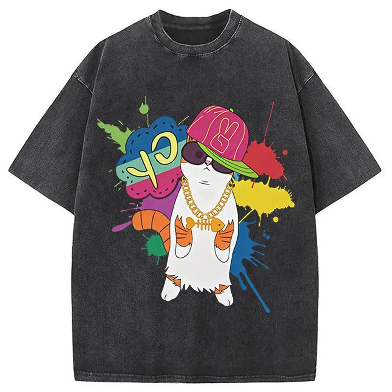 Men's Vintage Washed Hip Hop Cat T-Shirt Retro Short Sleeve O-neck Dropped Shoulder Oversized Tee Wear Holiday Tops