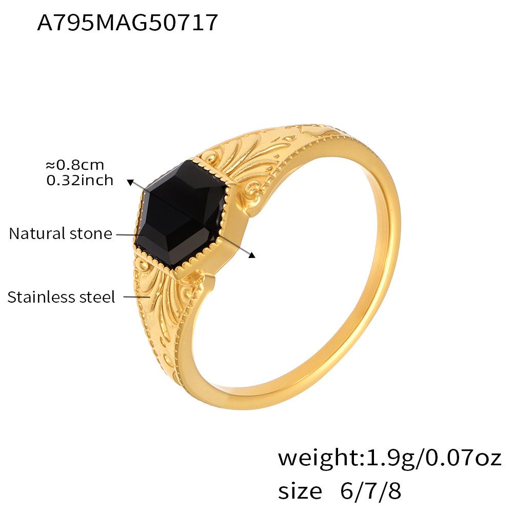 Qiong Yao Octagonal Faceted Natural Stone Ring with 18k Gold-Plated Stainless Steel Tail Size 8