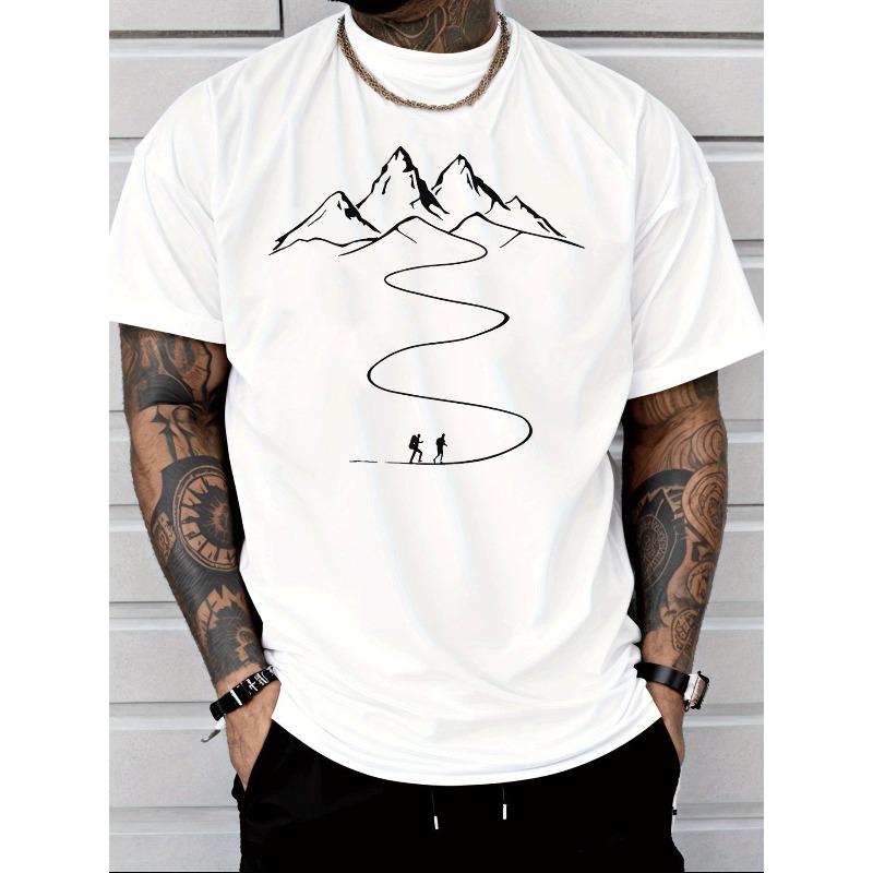 Men's Casual Short Sleeve T Shirt with Mountain Range Path and Hikers Print Trendy Street Style Adult Men Summer Outdoor Casual Wear