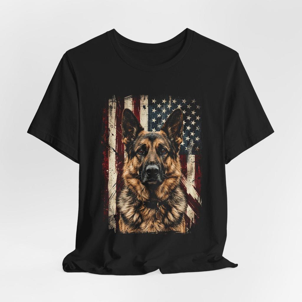 German Shepherd Portrait Tee | American Flag Rustic Dog Shirt