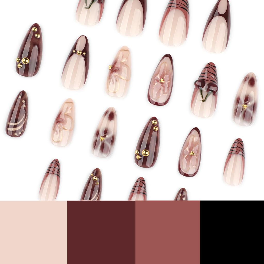 3D Cherry Blossom Almond Press-On Nails for Autumn and Winter