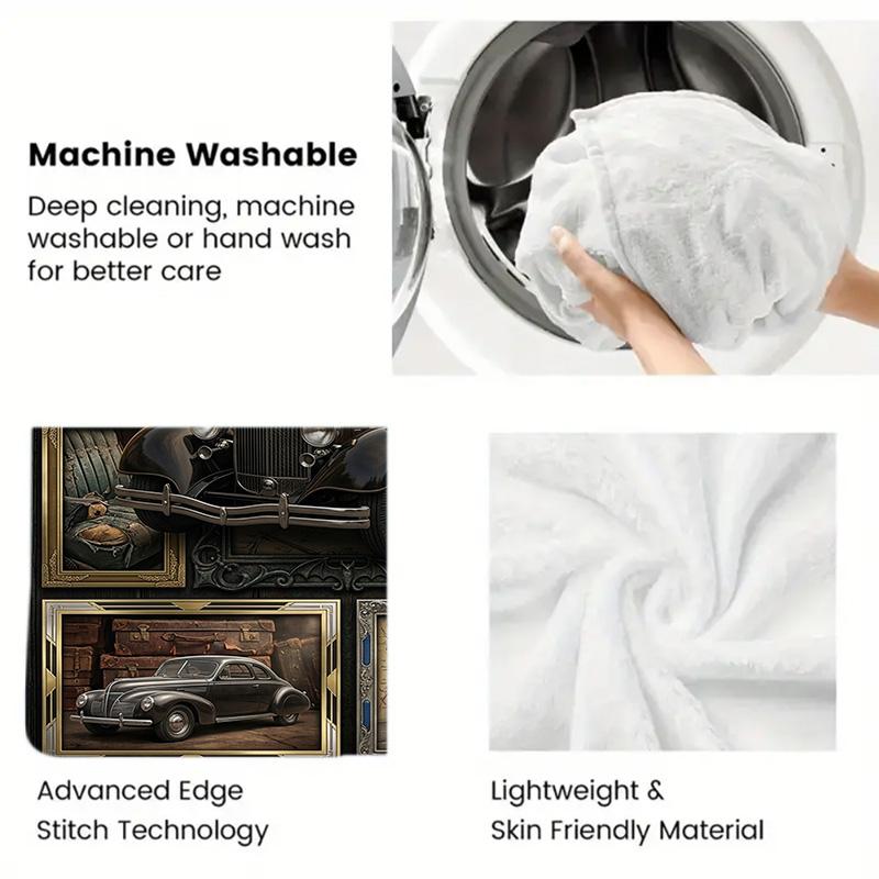Vintage Car Art Rug 2D Flat Pattern Flannel Blanket, High Quality All Seasons, Home Decor, Warmth and Comfort, Perfect for Christmas Gifts.