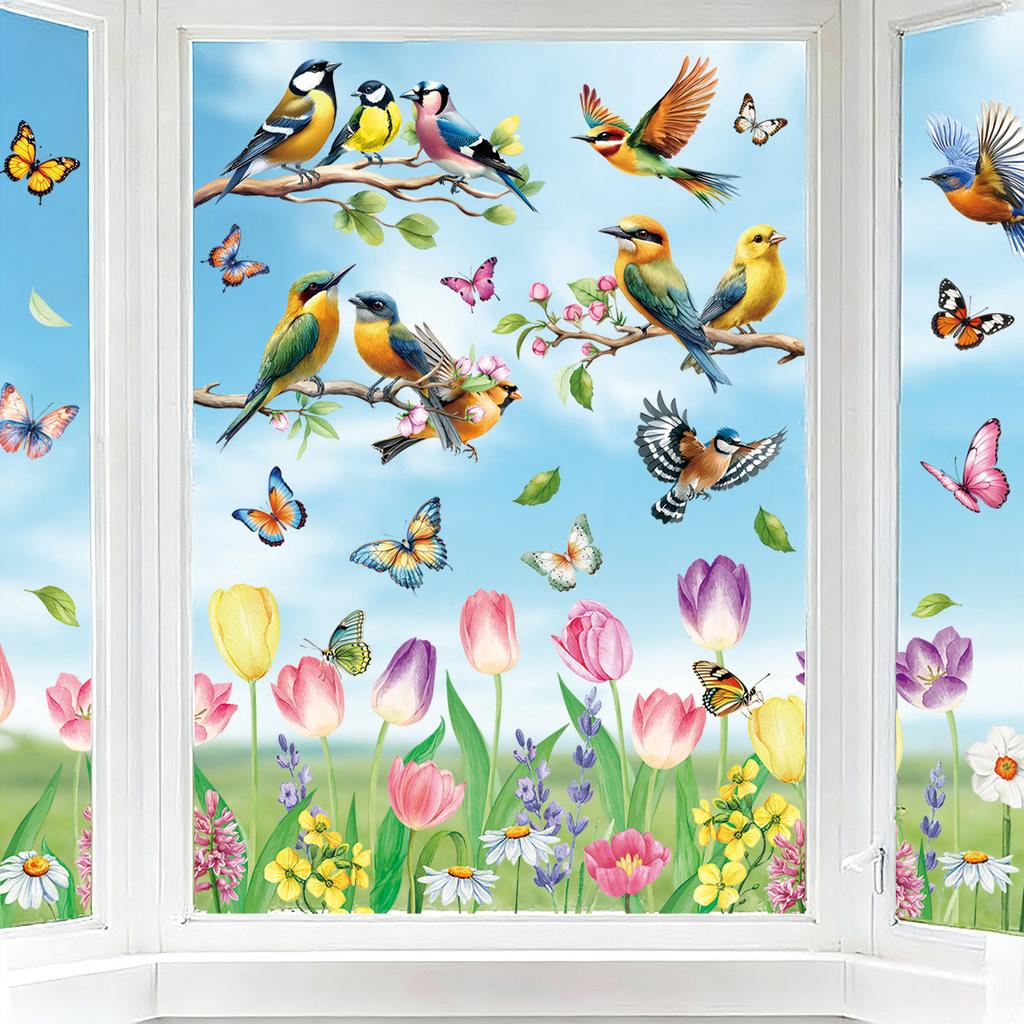 Spring 2026 New Butterfly Hummingbird Flower Static Cling Window Stickers for Home Decor Room Atmosphere