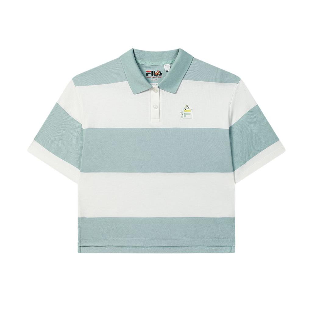 Fila X MAISON KITSUNE Original Fashionable Versatile Loose Striped Short Sleeve Polo Shirt Women Polo Shirts Fruit-Gray-Green F11W529103F-GN