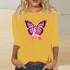 Women's Breast Casual Top with 3/4 Sleeves Round Neck Loose Fit Printed Ribbon Heart Butterfly Pattern for Daily Wear