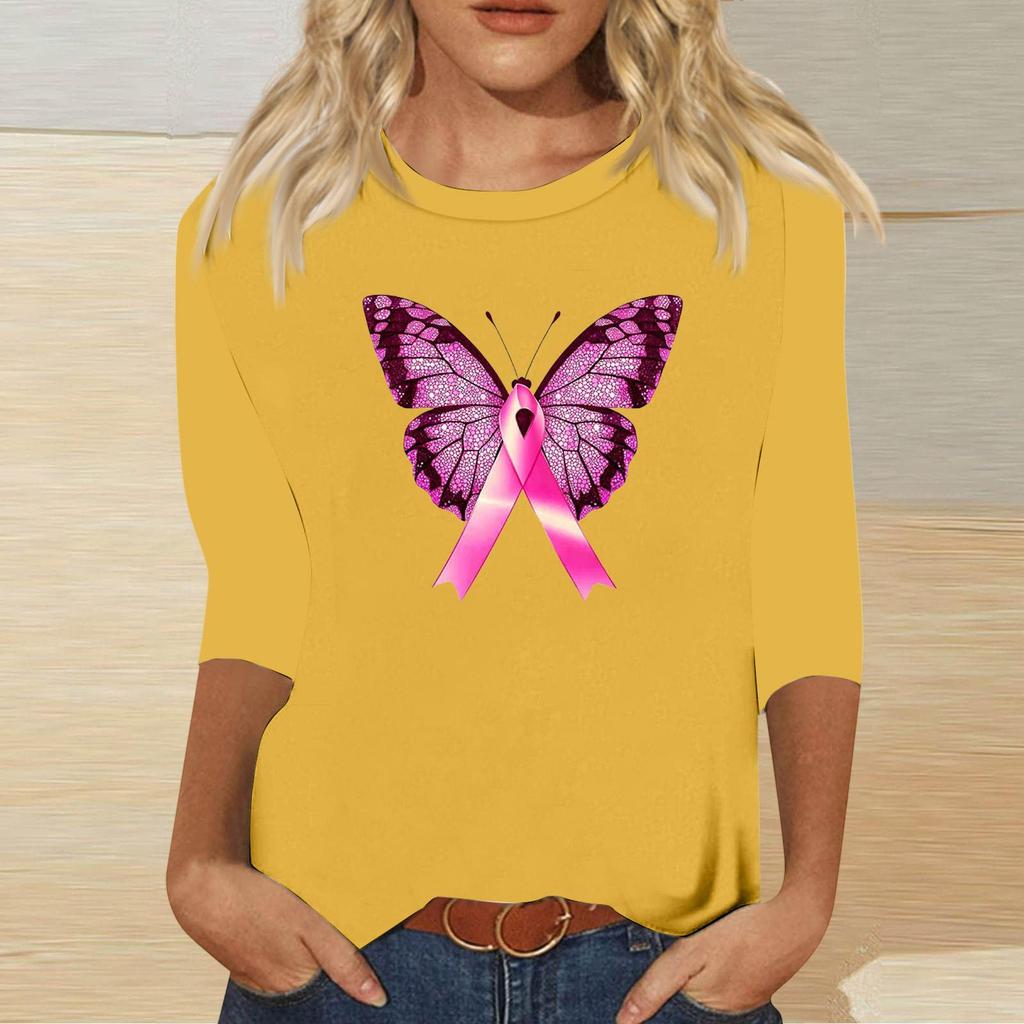 Women's Breast Casual Top with 3/4 Sleeves Round Neck Loose Fit Printed Ribbon Heart Butterfly Pattern for Daily Wear