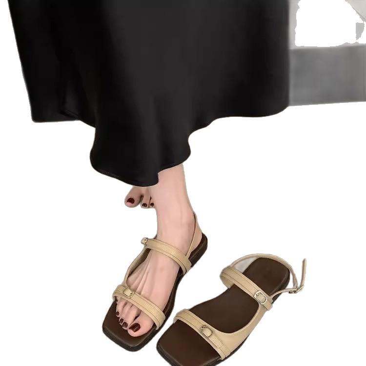 2025 Summer Fairy Versatile Flat Bottom Belt Buckle Open-toed Sandals Female Simple Low Heel One-word Strap Roman Shoes Round Head