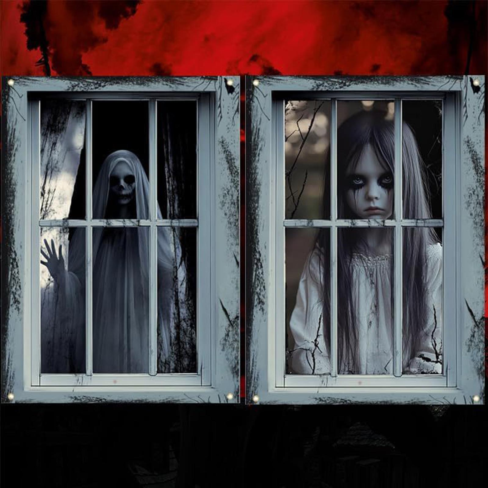 

2Pcs Door And Window Curtain Background Hanging Cloth Horror Ghosts Window Silhouette for Halloween Terrify Party Hanging Decor