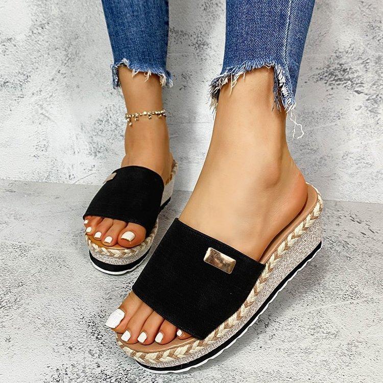 Foreign Trade Large Size Women's Shoes European and American Summer New  Heel Hemp Rope Slippers Women's Thick-soled Cool Slippers Women's Outer Wear