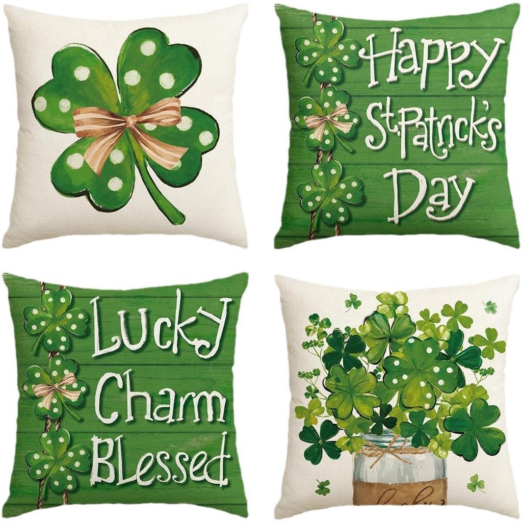 St. Patrick's Day Pillow Cover Line Printed Pillow Cover Green Four-leaf Crocodile Cushion Cover