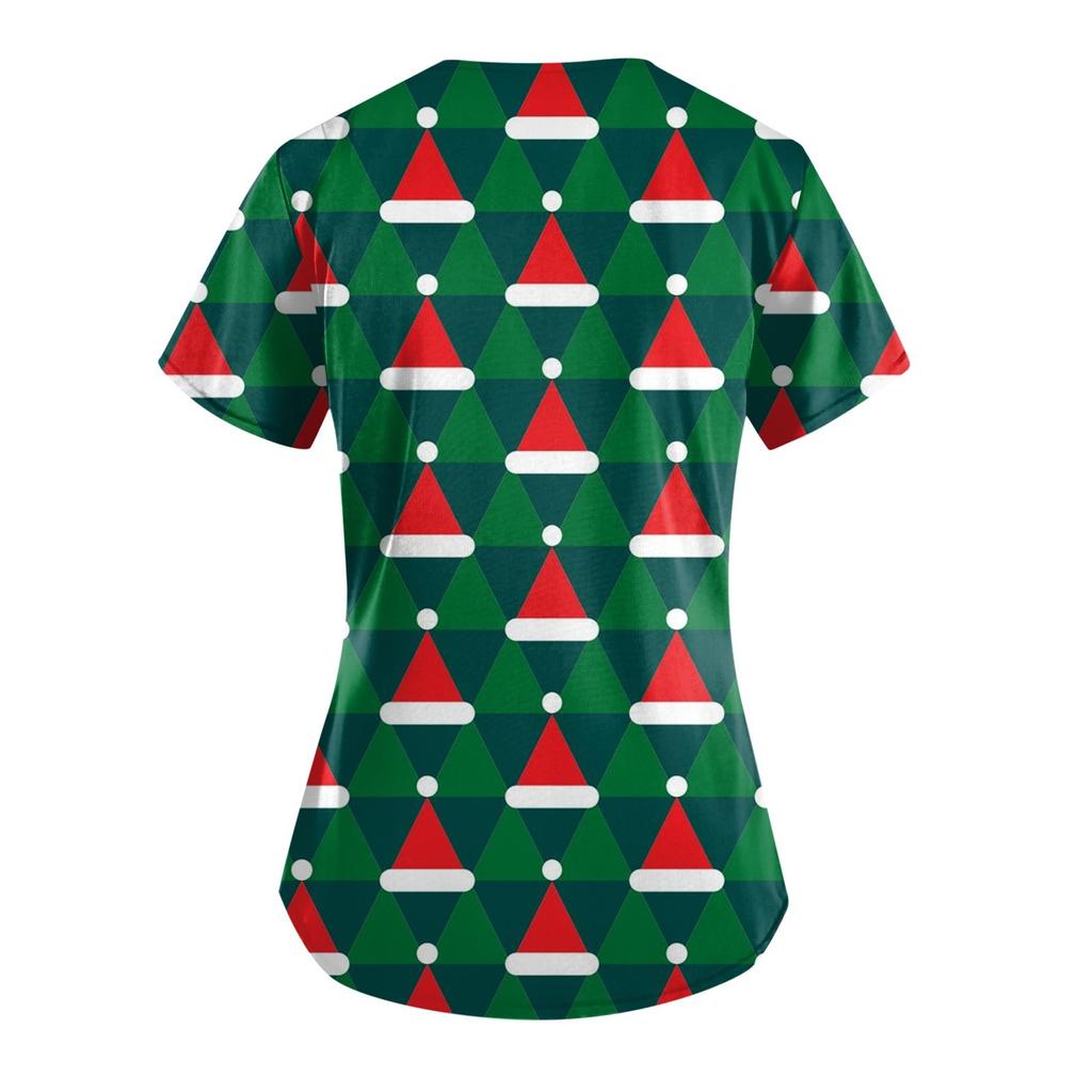 Women's Fashion Christmas Printed Short Sleeve V-Neck Top Small Pocket Work T-Shirt