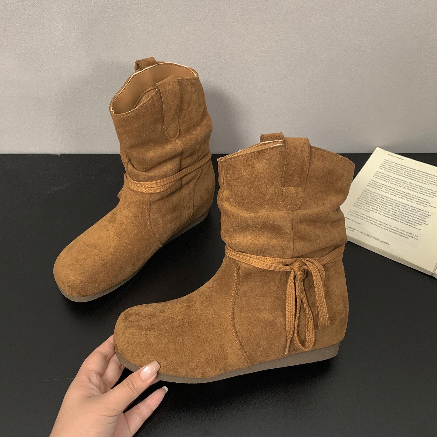 

Queen Fan retro versatile and thin flat short boots women s 2025 new autumn with skirt western pile boots 40 верблюд