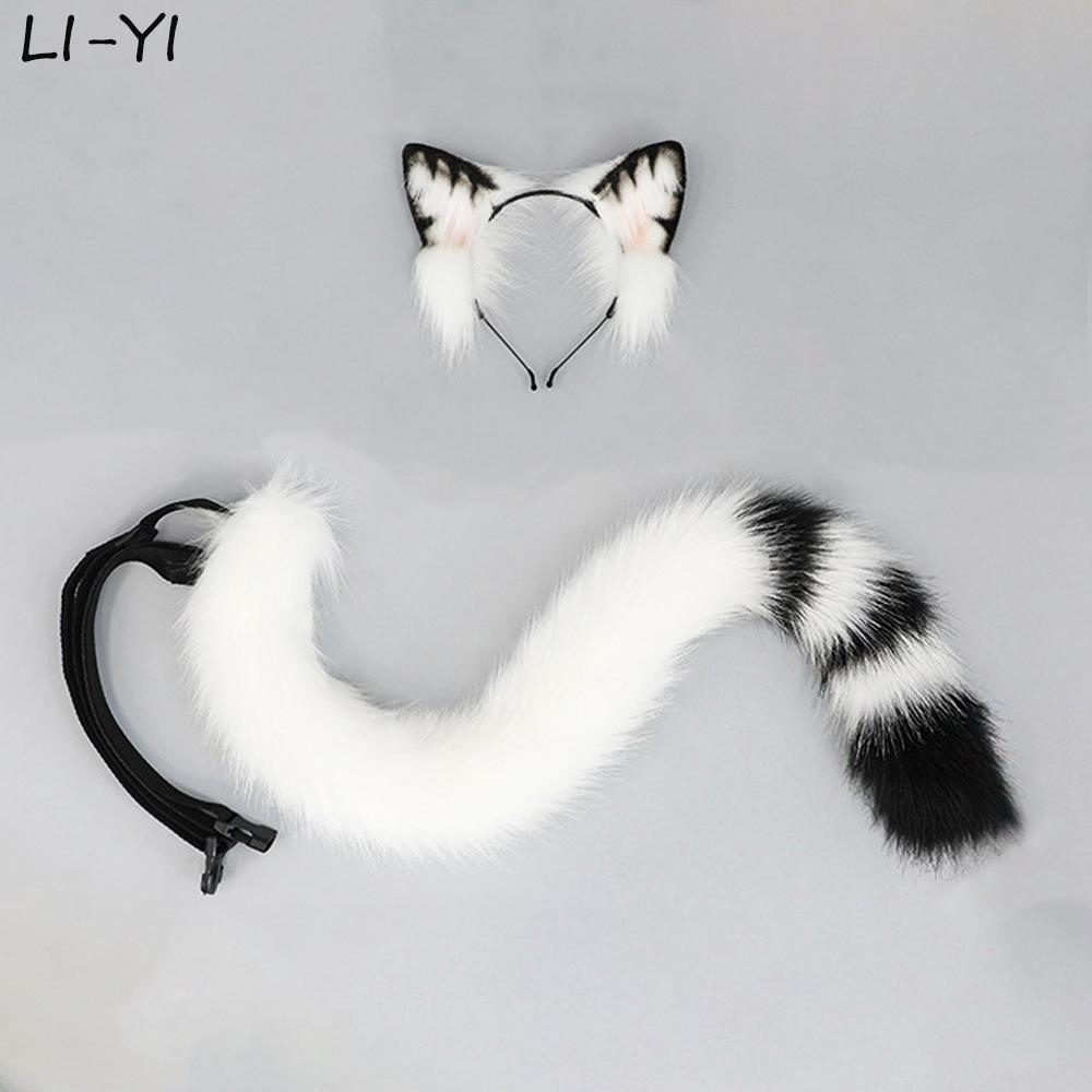 

2Pcs/Set Calico Cat Ear Tail Cute Black And White Cat Ears Headdress Tabby Cat Tail Animal Cosplay Props Plush Hair Accessories ear and tail