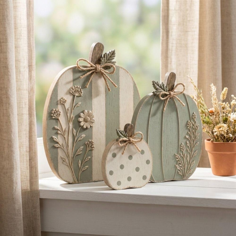 3 pcs Dots Flower Wooden Pumpkin Ornaments Home Decor Autumn Harvest Halloween Ornaments Thanksgiving 2D Flat