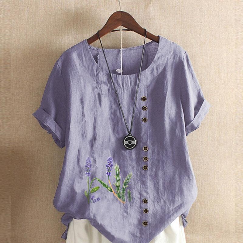 

Женская модная футболка с коротким рукавом с принтом лаванды, свободная хлопковая рубашка, повседневная свободная летняя блузка, топы больших размеров 5XL темно-фиолетового