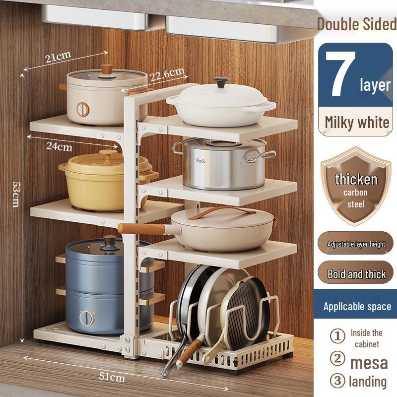 Estante de almacenamiento de ollas y utensilios de cocina de múltiples capas para cocina, organizador de encimera bajo el fregadero, diseño de doble cara