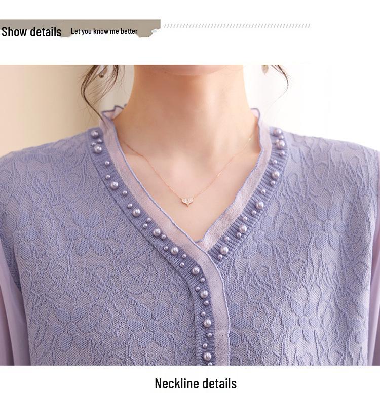 Mom's Spring Three-Quarter Sleeve Knit Top for Middle-Aged and Elderly Women