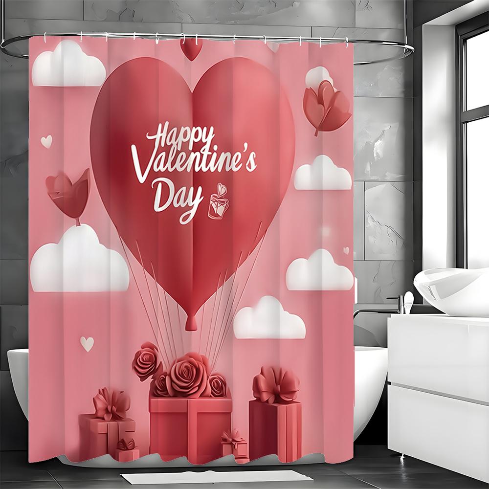 Happy Valentine's Day Red Heart Gift Shower Curtain, Bathroom Decorative Shower Curtain, Waterproof Shower Curtain with Hooks