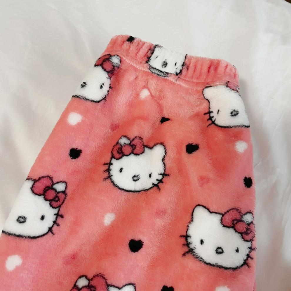 Damen Hello Kitty Halloween Flanell Schlafhose - Dick, gemütlich und mit Samt gefüttert für Herbst und Winter
