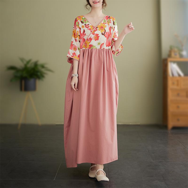 DIMANAF 2024 Plus rozmiar letnia sukienka damska patchworkowy nadruk luźna sukienka Vintage sukienki na co dzień dekolt w serek kobieta