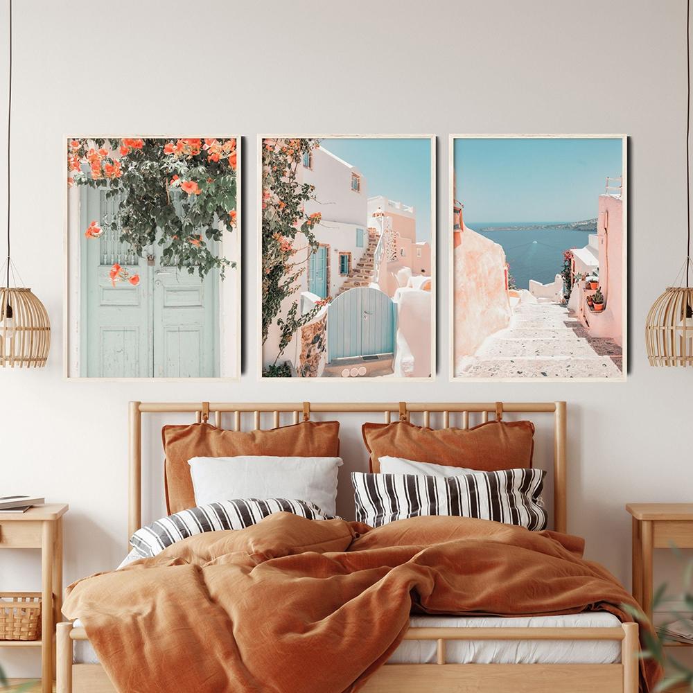Greece Santorini Poster Print Boho Blush Mediterranean Flowers Canvas Painting Minimalist Modern Wall Art Living Room Home Decor