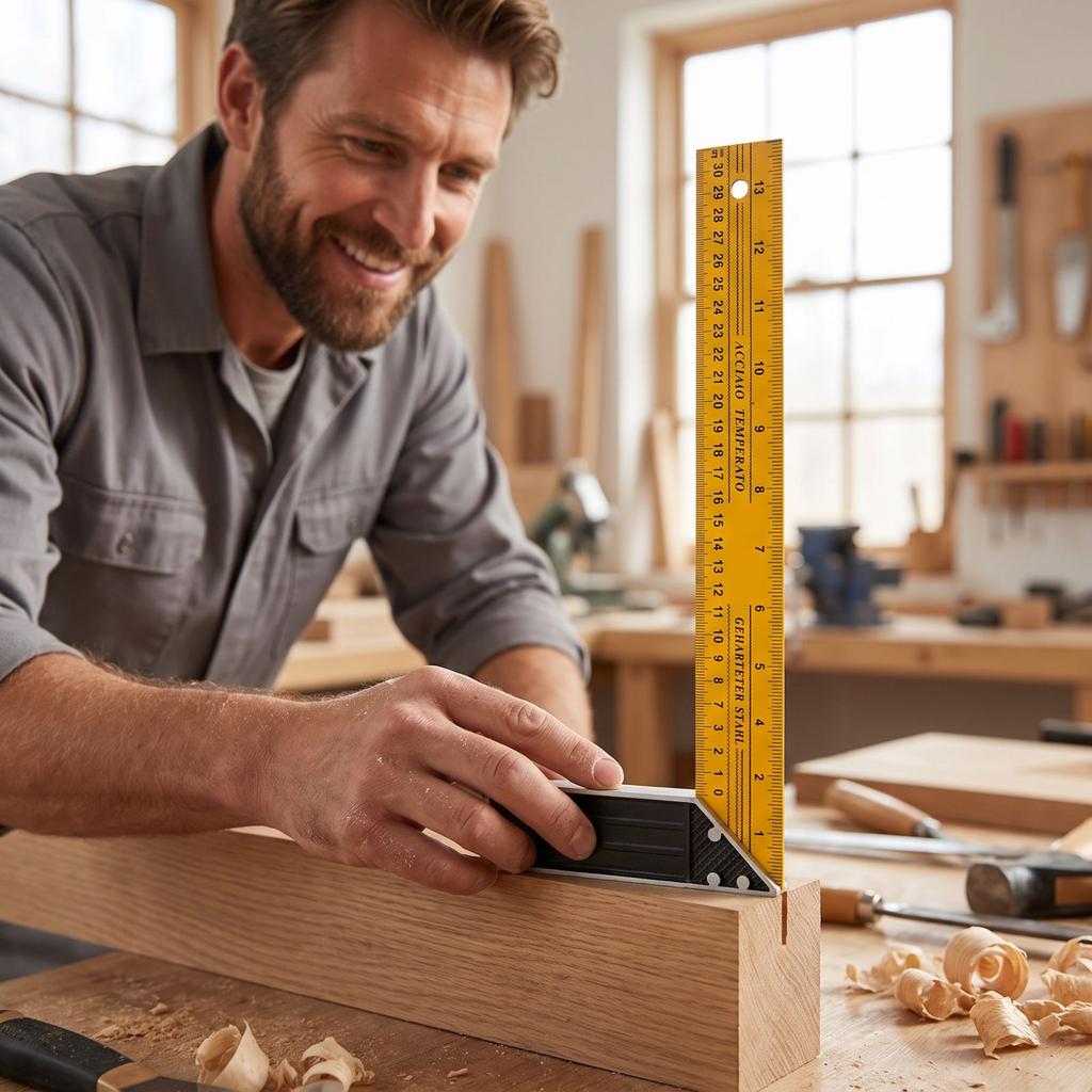 Multifunctional Right Angle Ruler with Aluminum Base - Yellow Woodworking Measuring Tool