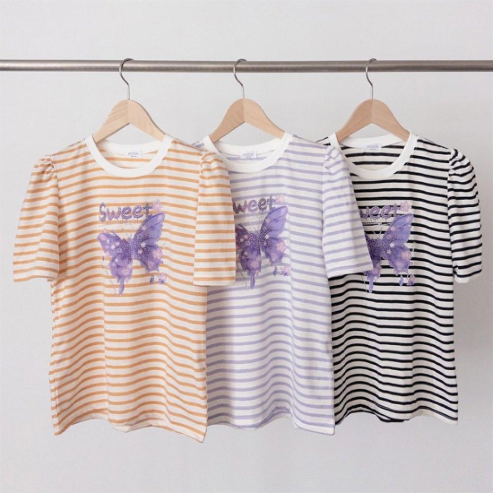 New Arrivals Open Run Women BuTTerfly PrinT STripe Puff T shirT