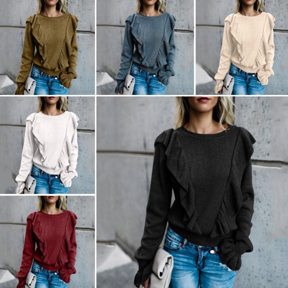 Fashion Women Solid Color Ruffled Long Sleeve O Neck Pullover T-shirt Blouse Top