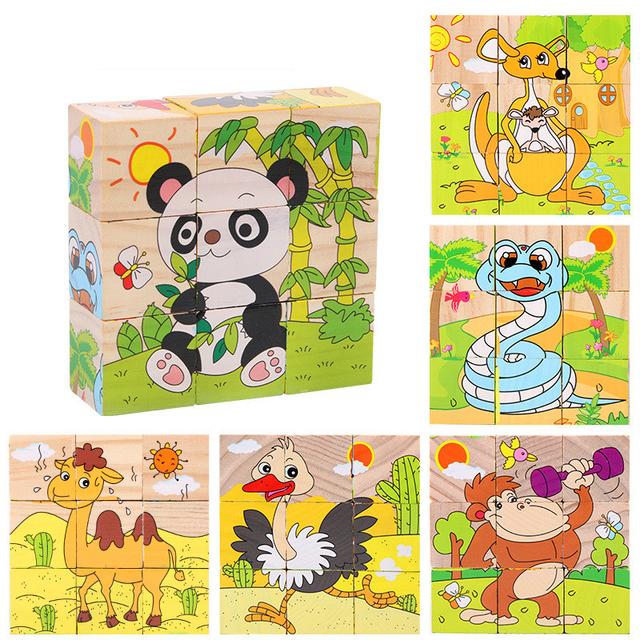 Baby Toys Wooden Blocks Six Side Cube Jigsaw Puzzles Game Animal Fruit Traffic Cognition Puzzle Montessori Educational Toys