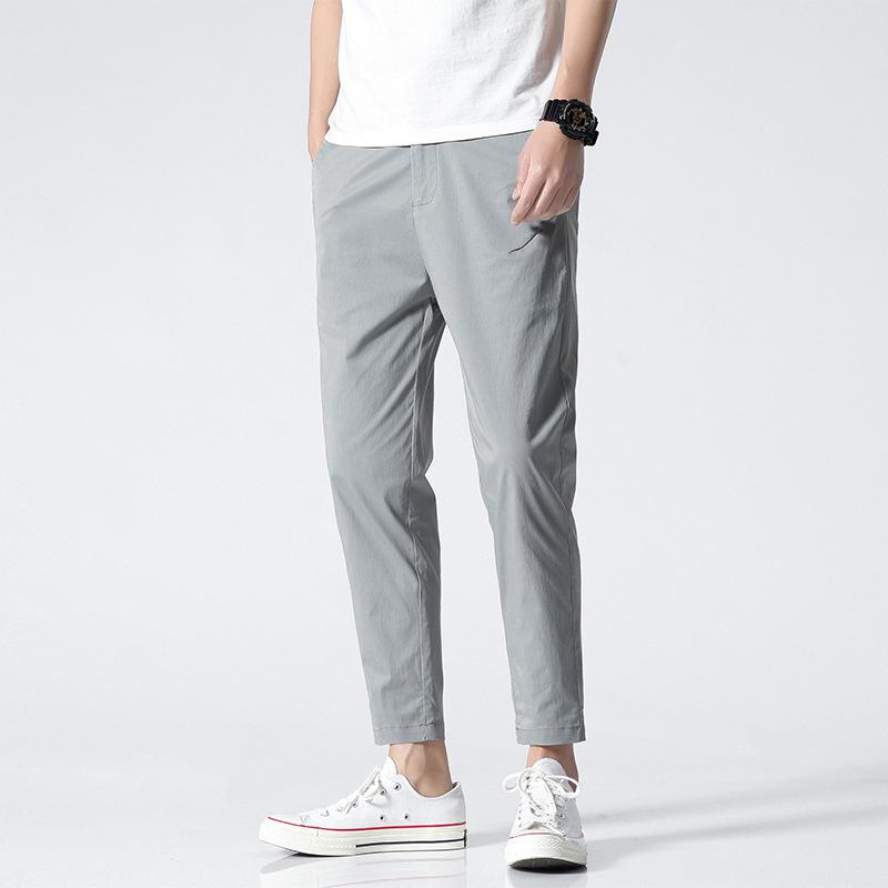 Trendy ice silk ultra-thin section nine-minute trousers Slim small feet breathable straight men's casual trousers