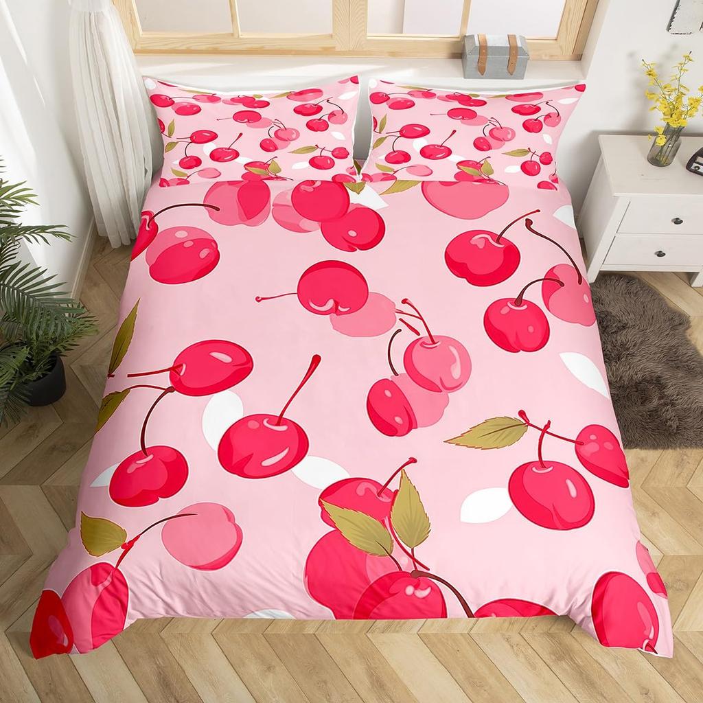 Comforter Pink Cherry Queen Size Cute Cartoon Fruit Comforter With Girl Kid Woman Breathable Bedding Set