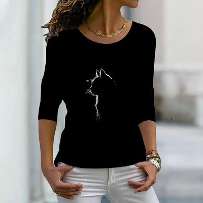 Oberteile für Damen, 3D-Druck mit schwarzer Katze, Rundhalsausschnitt, langärmeliges T-Shirt, Herbst, lässiger, schlanker Pullover, langärmeliges Damenoberteil