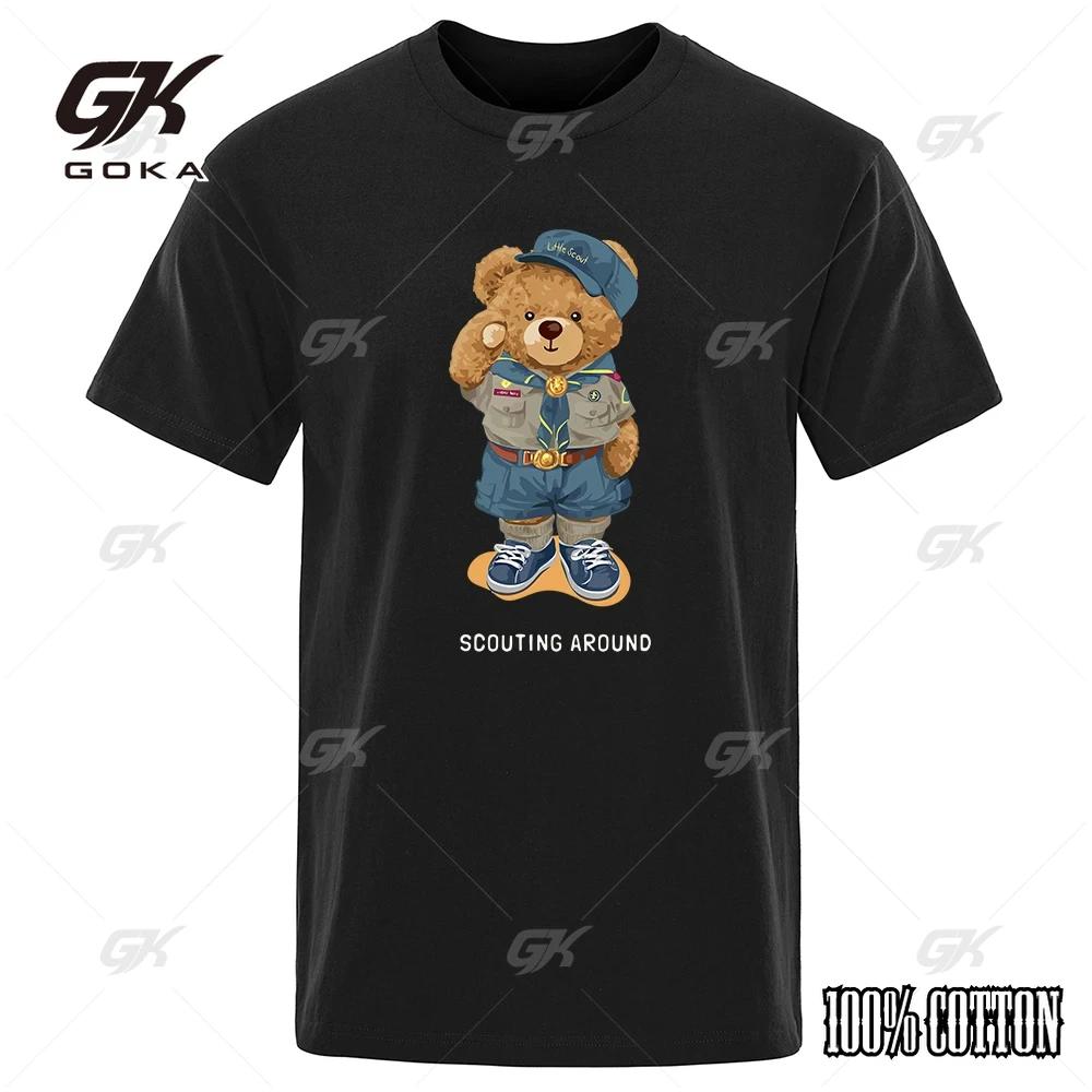 Cute Teddy Bear Salute Scoring Around Prints T Shirt Men Brand Tees Short Sleeve Retro Adult TShirt Hip Hop TShirt