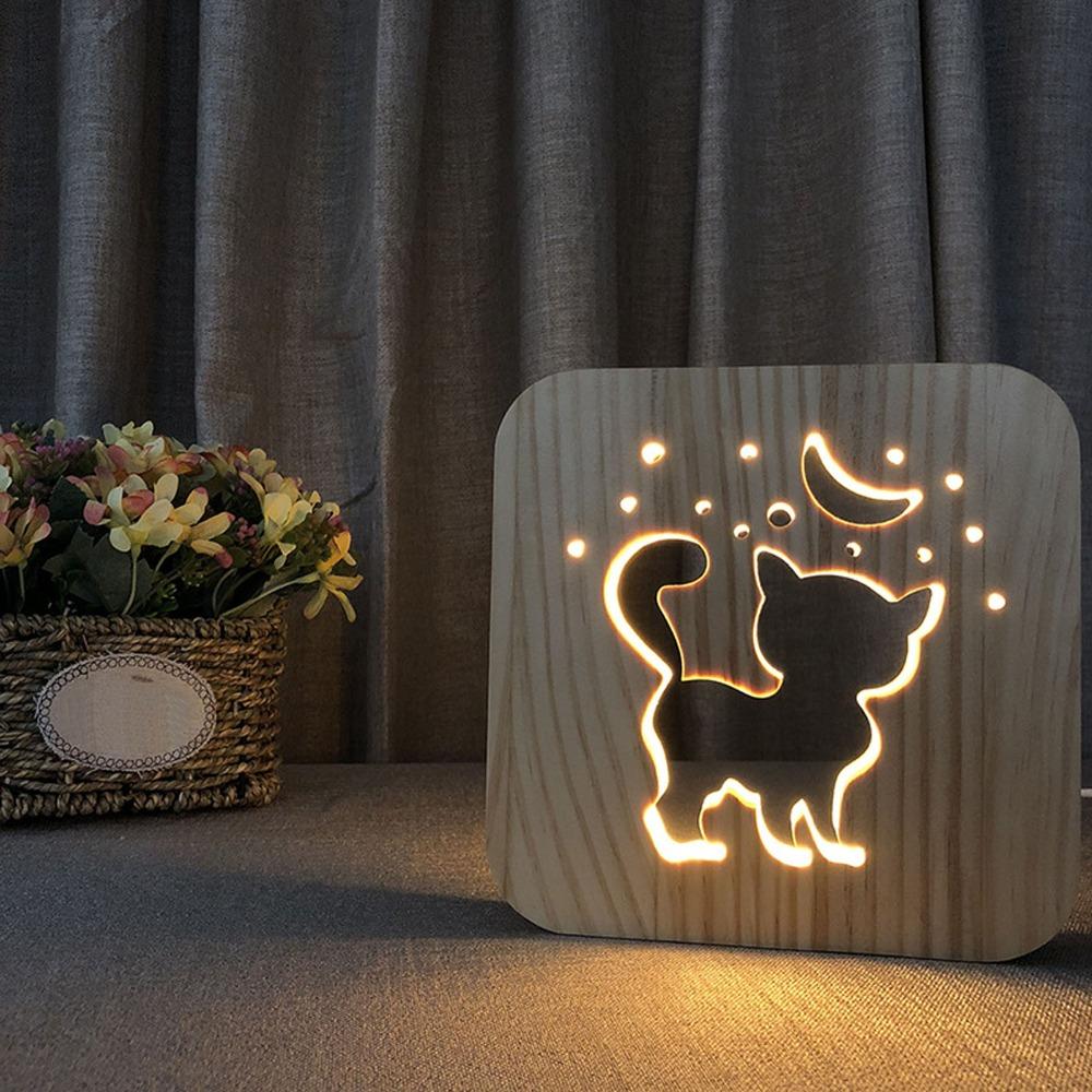 Warm White Lamp 3D Wood Light Cute Cat Shape Night Light Lamp Wooden Lamp  Living Room Decor