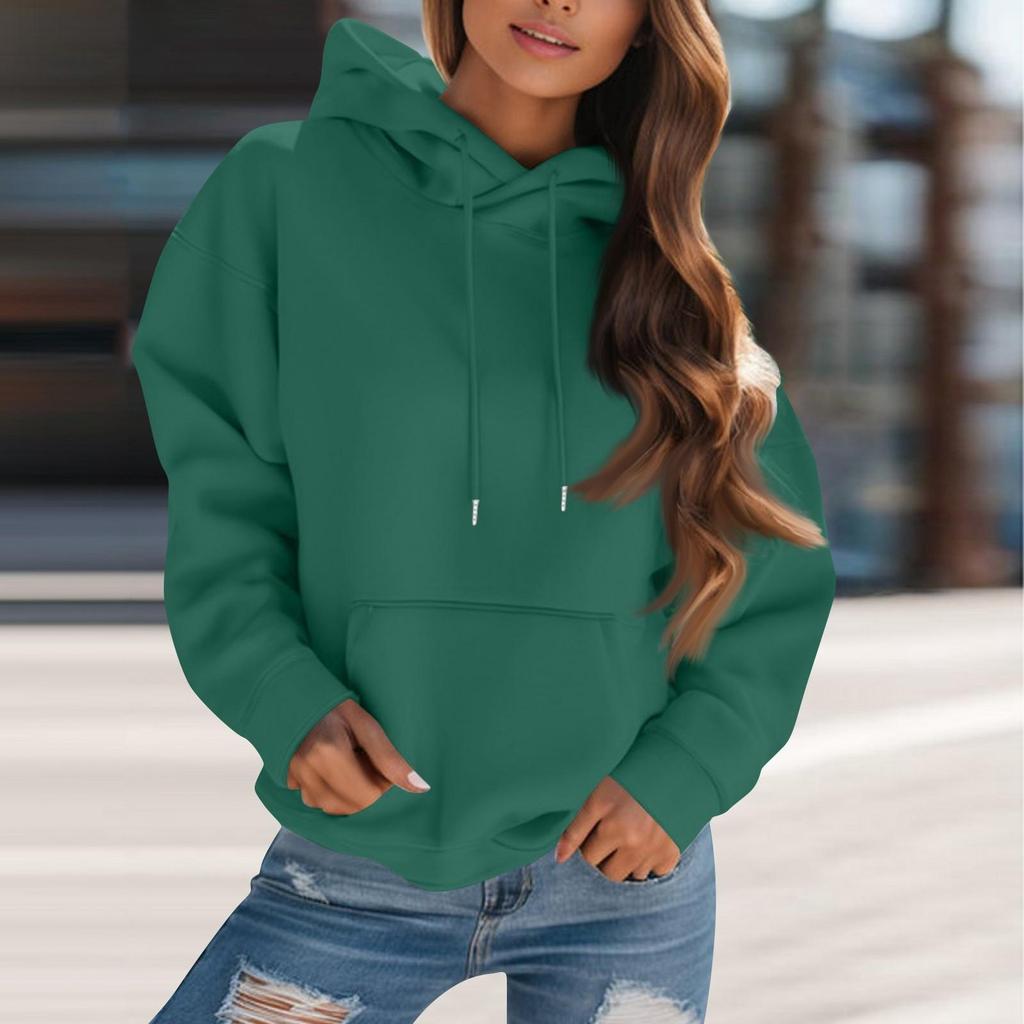 Women's Fashion Solid Color Hooded Drawstring  Long Sleeve Loose Pullover Sweatshirt Top