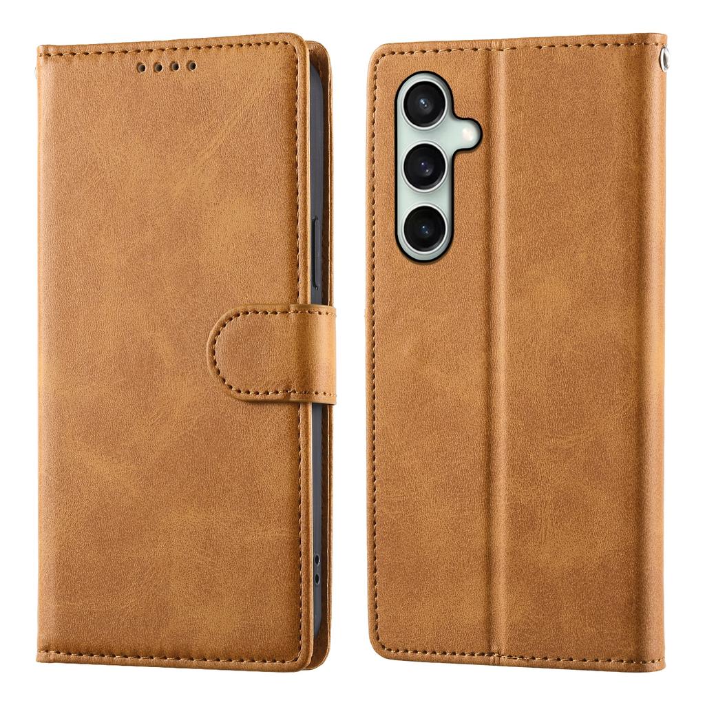 For Samsung Galaxy S24 FE Case Stand Wallet Calf Texture PU Leather Flip Phone Cover with Wrist Strap
